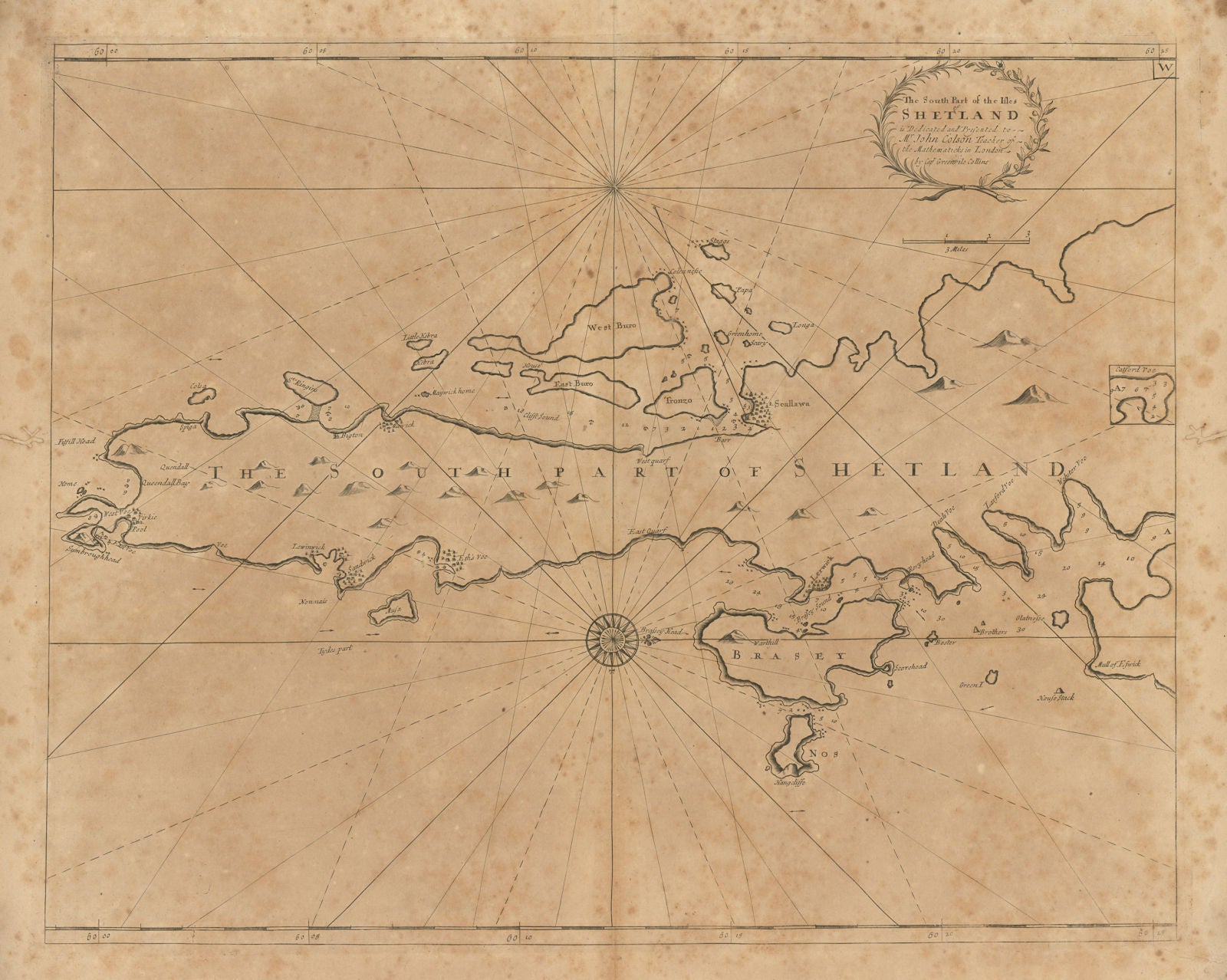 The South Part of the isles of Shetland sea chart. Lerwick. COLLINS 1693 map